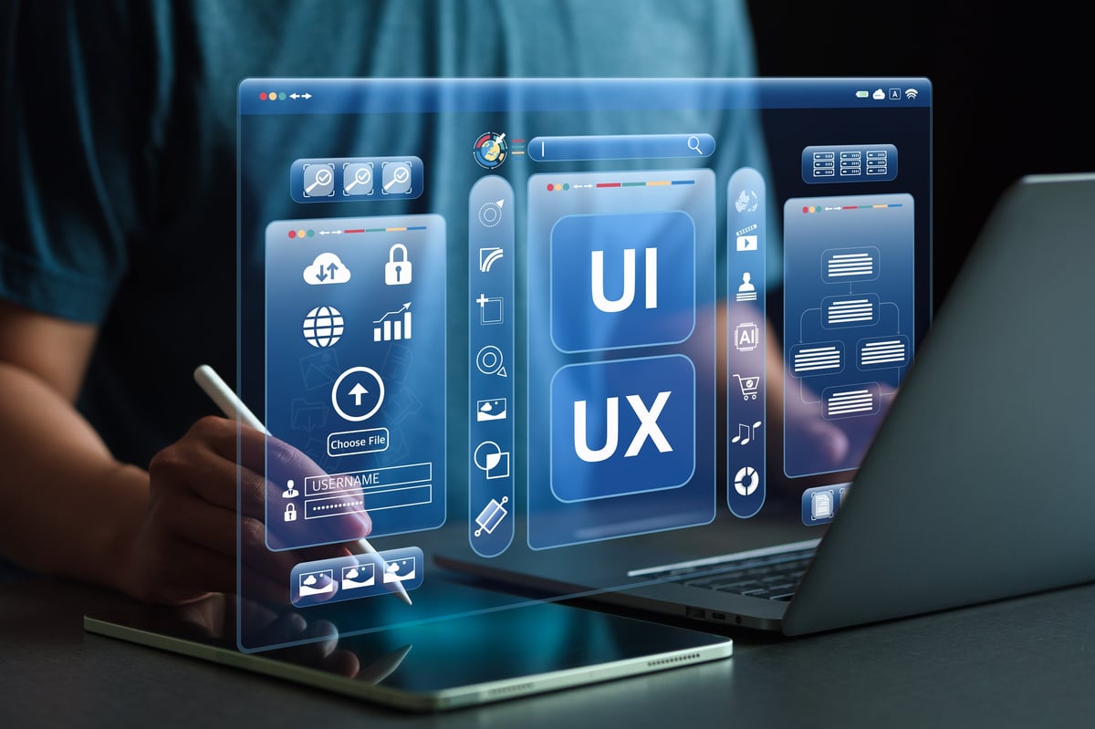 Developers working with interface panels showing code and project data